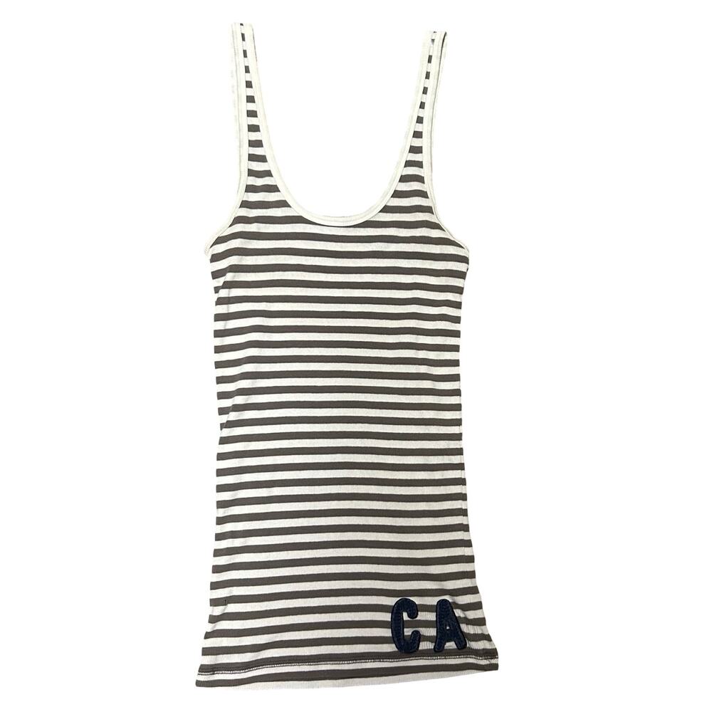 Y2K Hollister Ribbed Tank Women’s Medium Brown White Stripe Blue CA Applique